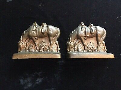 Vintage Pair Cast Iron Bronze Brass Finish Bookends, Saddled Grazing Horses  9LB