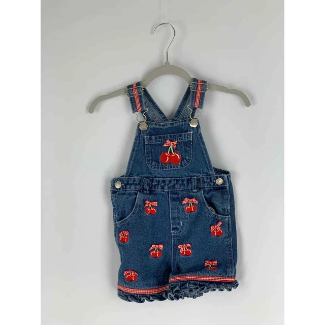 Denim Overalls Embroidered Cherries 18 Months Ruffle Hem Snap Closure