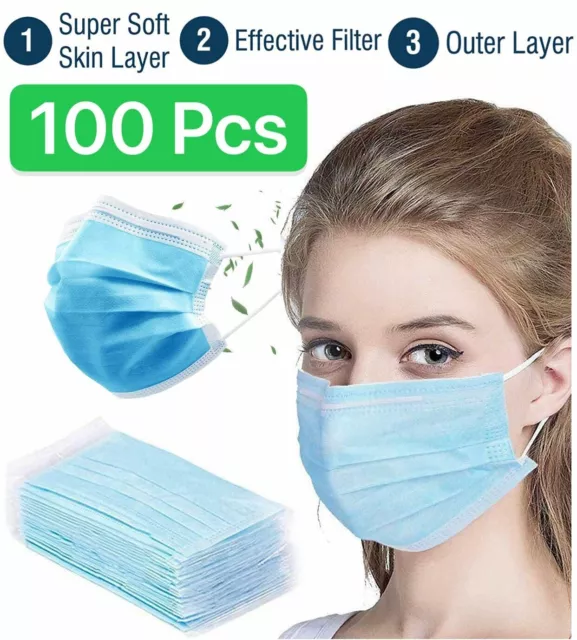 100 PCS Blue Face Mask Mouth & Nose Protecting Families Easy Safe