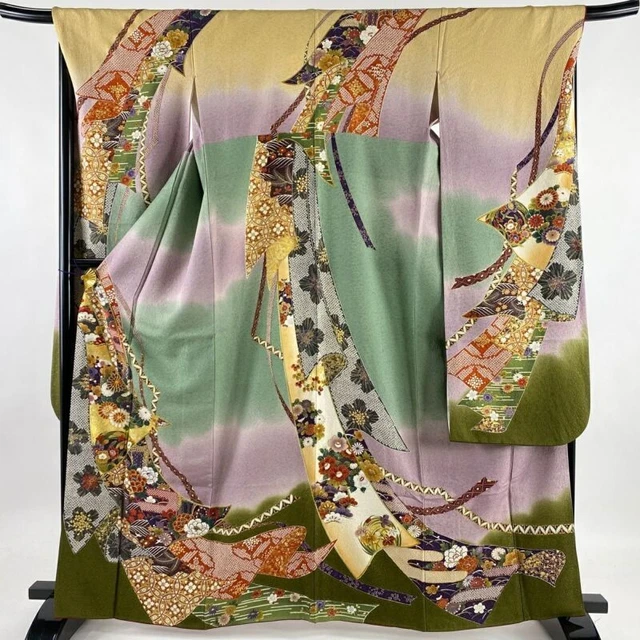 Woman Japanese Kimono Furisode Silk Noshi Flower Gold Thread LightPurple
