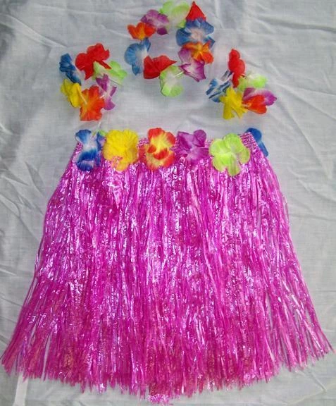 KIDS SIZE HAWAIIAN HULA PURPLE SKIRT PARTY SET new childrens luau bracelet hat