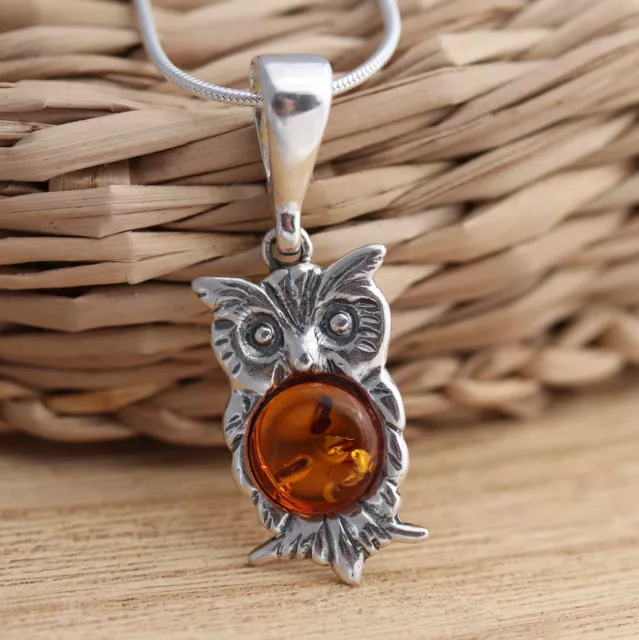 Natural Cognac Baltic Amber 925 Sterling Silver Owl Pendant Jewellery Gift Boxed