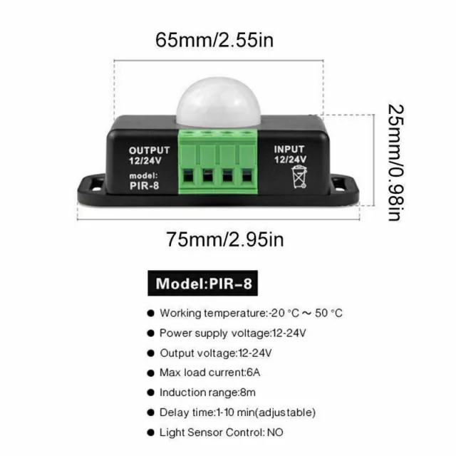 DC12V / 24V Automatic Body Infrared PIR LED Light Strip Motion Sensor Switch 8M 2