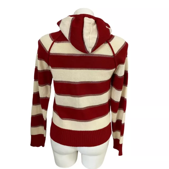 American Rag Sweater Womens Junior Large Hooded Cardigan Red Stripe Pom Pom 3