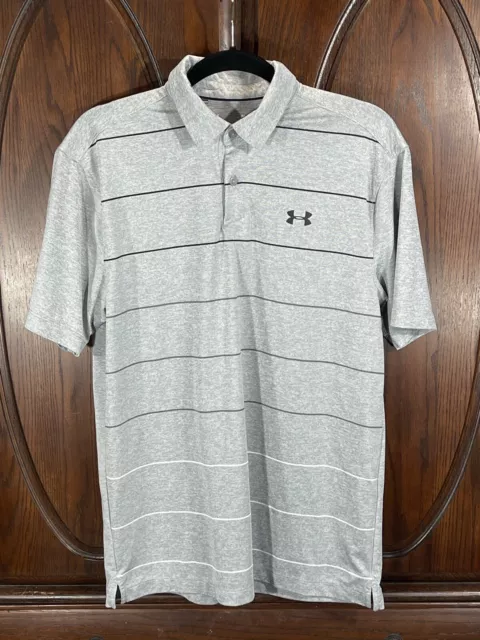UNDER ARMOUR MENS Polo Shirt Size M Gray Striped Loose Heatgear 2 ...