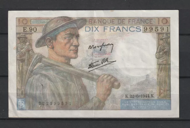 FRANCE - Billet de 10 Francs MINEUR du 22/06/1944 - Fay. N° 8/12 en Qualité TTB+