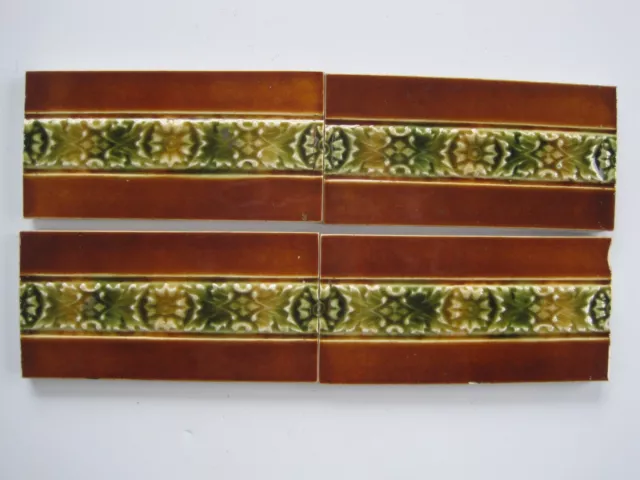 Set Of 4 Antique Victorian 6" X 3"  Border/Spacer Tiles - Brown & Green Moulded