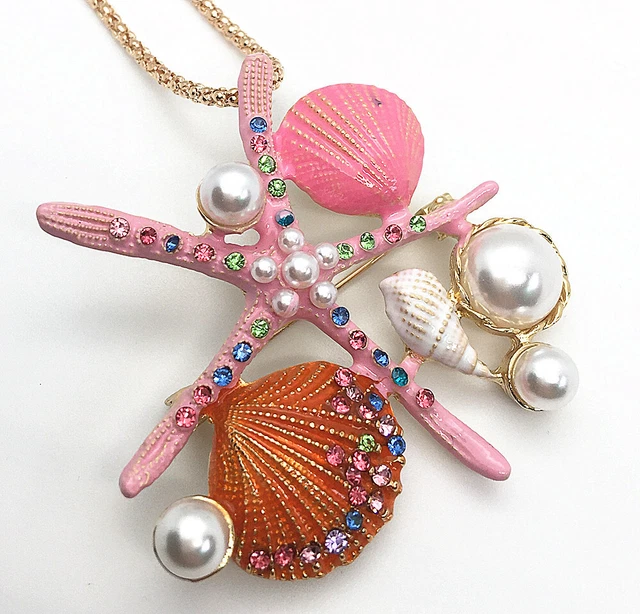 Pink Enamel Crystal Starfish Shell Conch Pendant Fashion Long Necklace