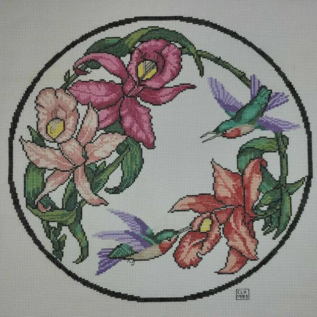 Spring Floral Embroidery Finished Hummingbird Wreath Tropical Hibiscus EVC