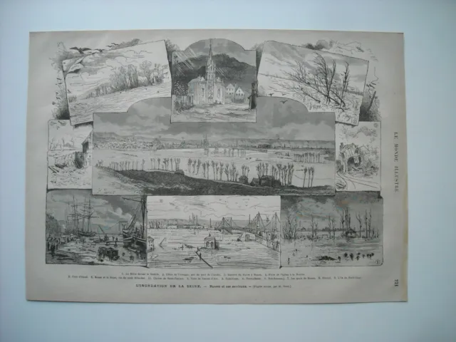 Gravure 1876. L’inondation De La Seine. A Poissy. Vieux Pont De Lemay. St-Ouen.
