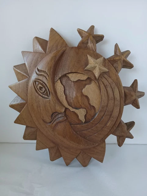 Hand Carved Wooden Wood Moon Sun Stars Earth World Wall Plaque Celestial Theme