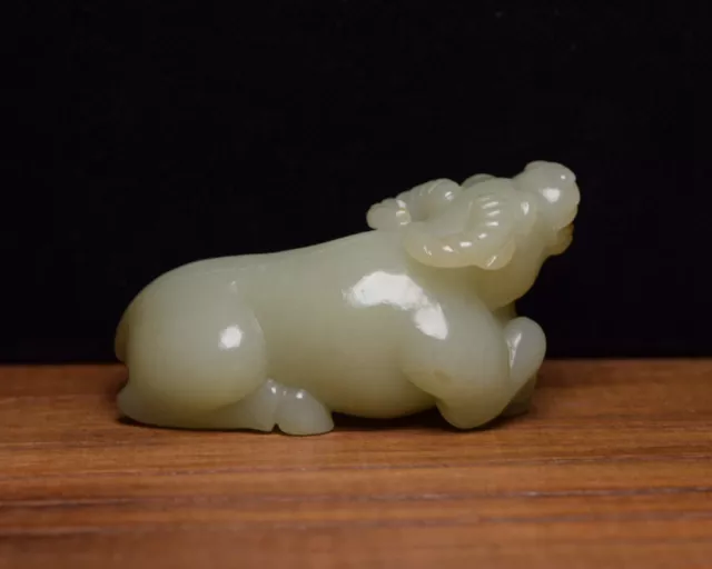 Certifie Natural Hetian Jade Handcarved Exquisite Cattle Statue 14764