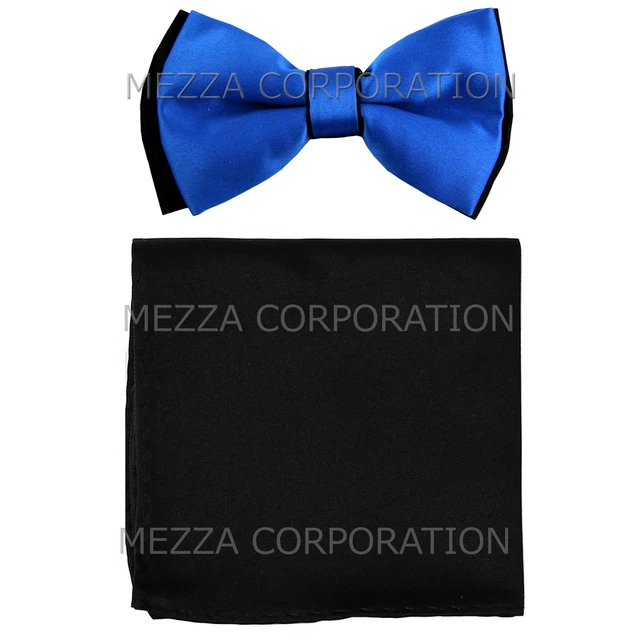 New Men's Pre-tied Bowtie And Black Hankie Set Two Tone Formal Party Royal Blue