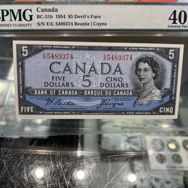 BANK OF CANADA  1954 DEVIL FACE $5.00  PMG Extra Fine 40 EPQ