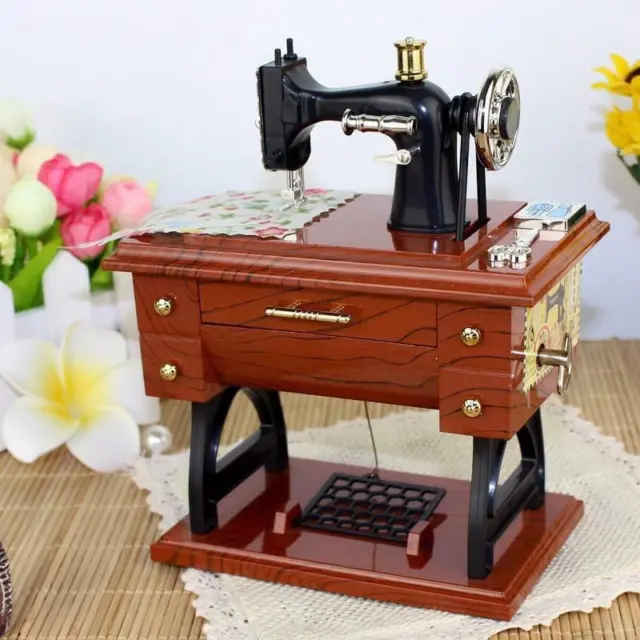 Caja de música retro vintage máquina de coser caja de música accesorios de decoración de escritorio