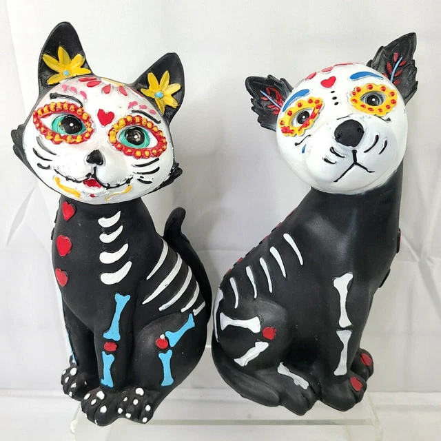 Set (2) Day of the Dead Sugar Skull Cat & Dog Set Dia De Los Muertos Figurines