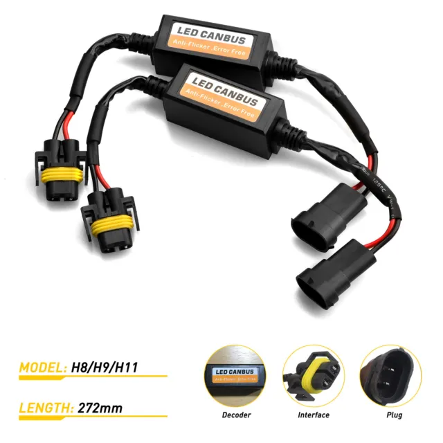 2X H11 LED Headlight Canbus Error Free Anti Flicker Resistor Canceller Decoders