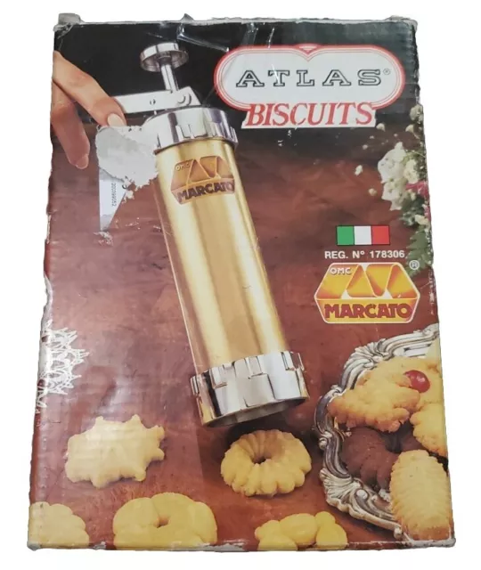 Marcato Atlas Metal Biscuit Cookie Press 4 tips 20 discs Made in Italy