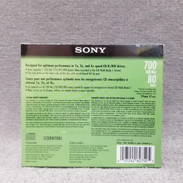Sony CD - RW 5 Pack Blank Discs 700MB 80 Min Rewritable 5CDRW700L New, Sealed 2