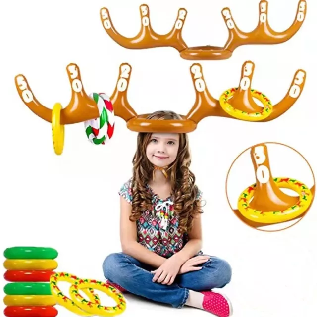 Xmas Kids Gift Inflatable Reindeer Antler Hat Ring Toss Game Number Score Print