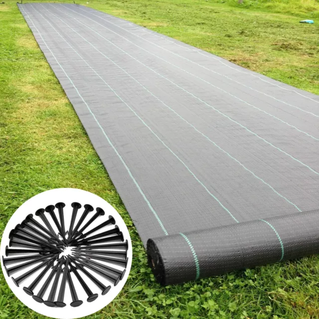 50 Pegs + Heavy Duty Weed Control Fabric Membrane Garden Ground Barrier Cover UK