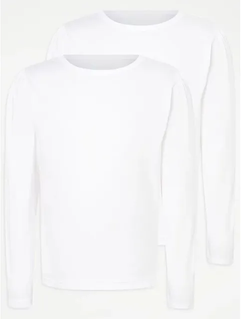 Girls 2 Pack Long Sleeve School T-Shirt PE Top Ge@rge Basic White Blouse Cotton
