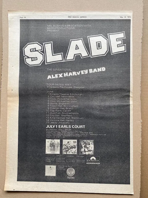 SLADE JUNE 1973 TOUR POSTER SIZED original music press advert from 1973 with tou