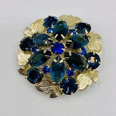 Vintage Gold Tone Turquoise Blue Rhinestones Domed Flower Brooch Pin Unmarked