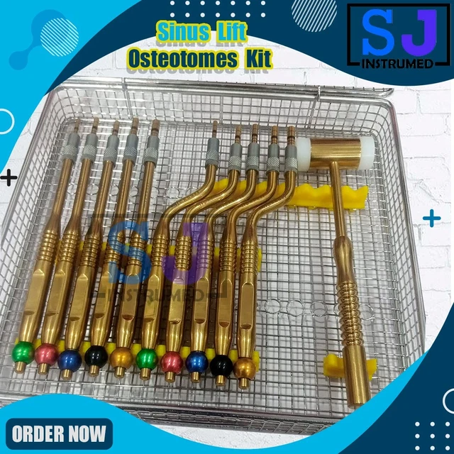 Sinus Lift Osteotomes Kit Golden Straight Off Set Mead Mallet with Cassette New