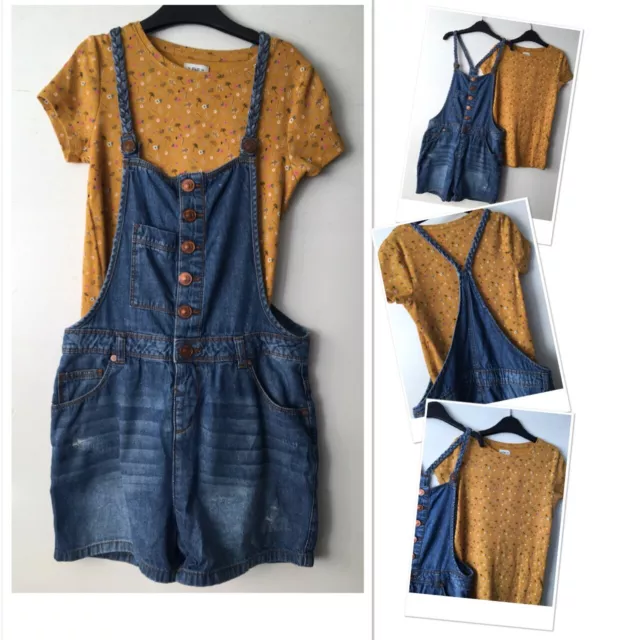 River island girls denim shirt dungarees & FF ribbed Floral top 9-10 Years
