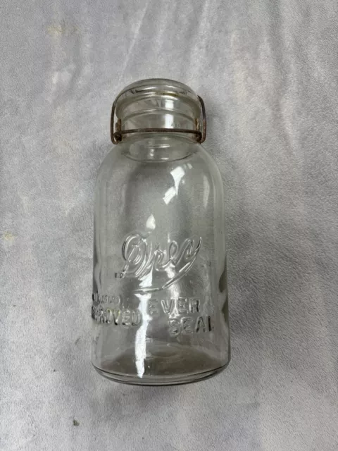 Vintage Drey Improved Ever Seal Clear Glass Jar w Lid Wire Bail Quart Pat"d 1920