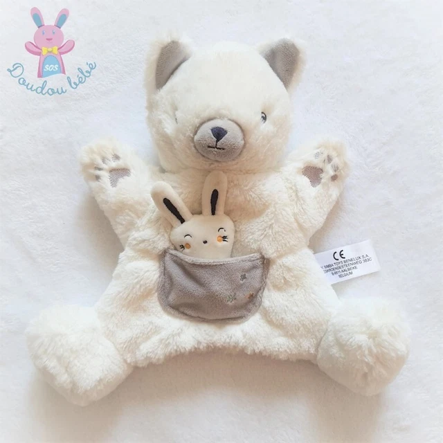 Doudou Chat Renard marionnette blanc gris poche Lapin SIMBA (4 dispos)