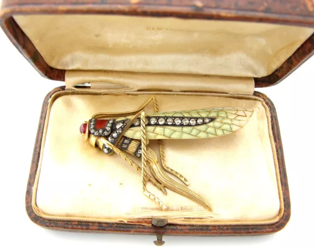Antique Enamel Diamond Grasshopper Brooch Art Nouveau Insect Pin