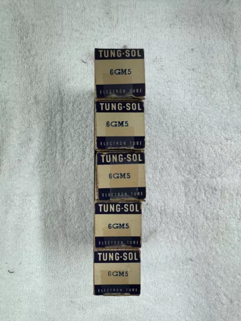 Sleeve of 5 NOS Tung-Sol 6GM5 tubes, sub for 7591 and 7868