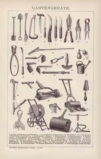 GARTENGERÄTE Hippe Rosenschere Harke HOLZSTICH um 1900 Baumschere Rasenmäher