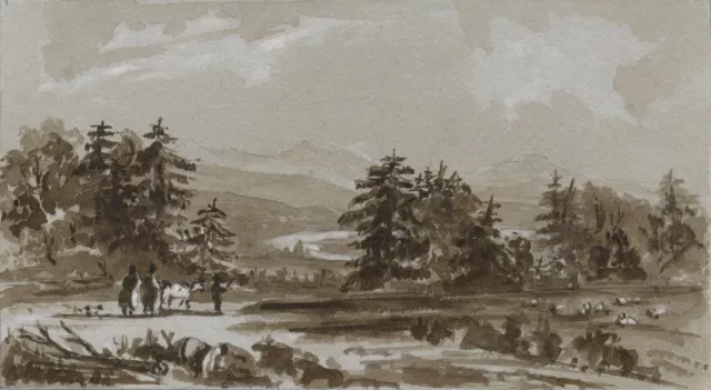 Figures with Cow, Tyrol, Italy – Original mid-19th-century watercolour painting