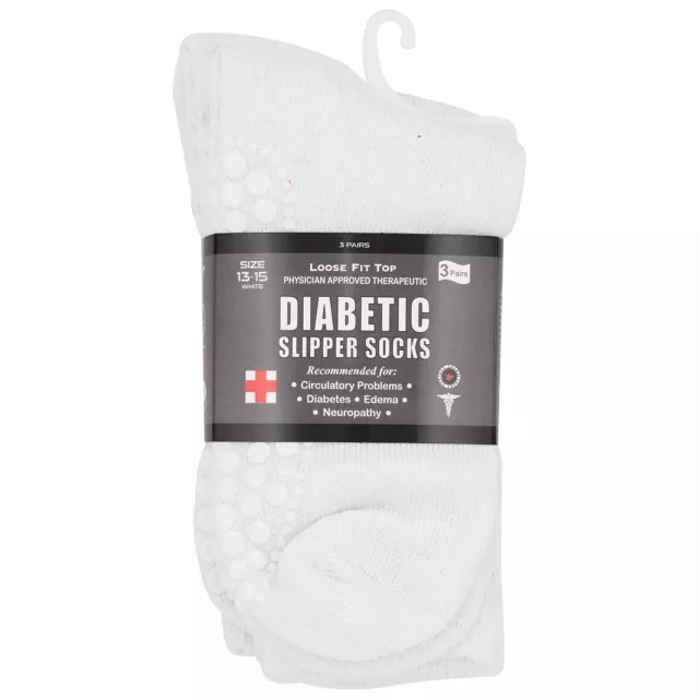 3 Pairs Non Skid Diabetic White Men's & Women Hospital Crew Slipper Socks 13-15
