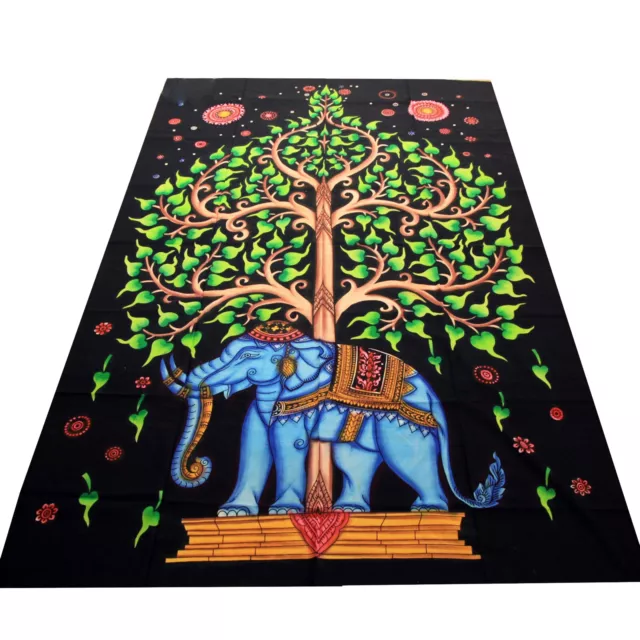 Tagesdecke Dekotuch Baumwolle Elefant Tree of Life  Wandbehang Schwarz Bunt