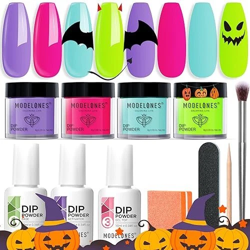 Kit de inicio de uñas en polvo de inmersión Modelones 11 piezas 4 colores Halloween verde brillante...