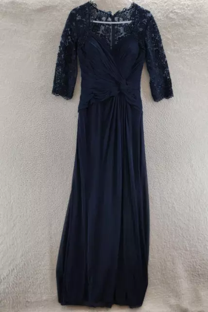 La Femme Ruched Twist Column Gown Women's 4 Navy Sheer Crystal-Sparked Lace