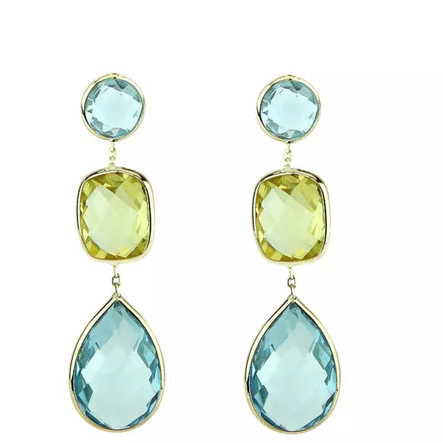 14K Yellow Gold Earrings With Blue And Lemon Topaz Gemstones