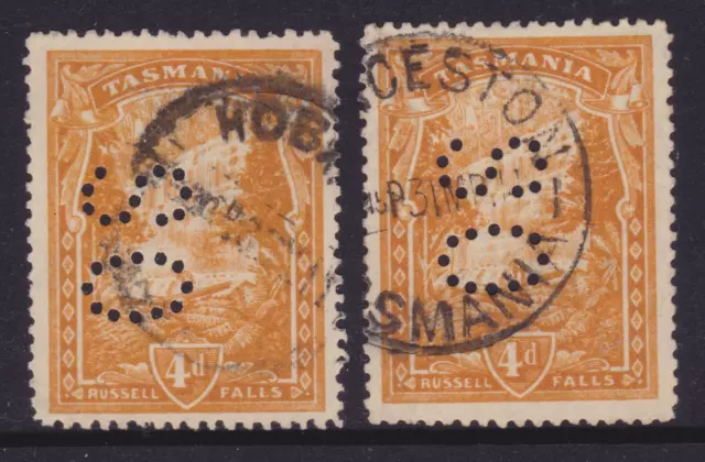 TASMANIA 1909 4d Orange PICTORIAL OFFICIAL 'OS' PERFIN X2 USED (NG137.6)