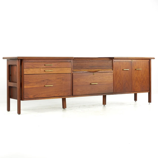 Standard Furniture Mid Century Walnut and Brass Tambour Door Credenza