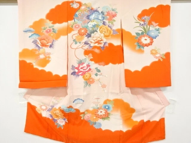 97110# Japanese Kimono / Antique Kimono For Girls / Tsuzumi With Peony