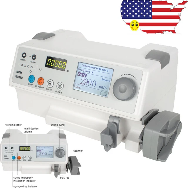 CE Injection Infusion Syringe Pump Injector Audible Visual Alarm Fluid Warm US