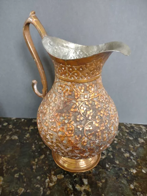INDIA ANTIQUE  Cream Pitcher flowers  Handle KUTCH 19thC 11"