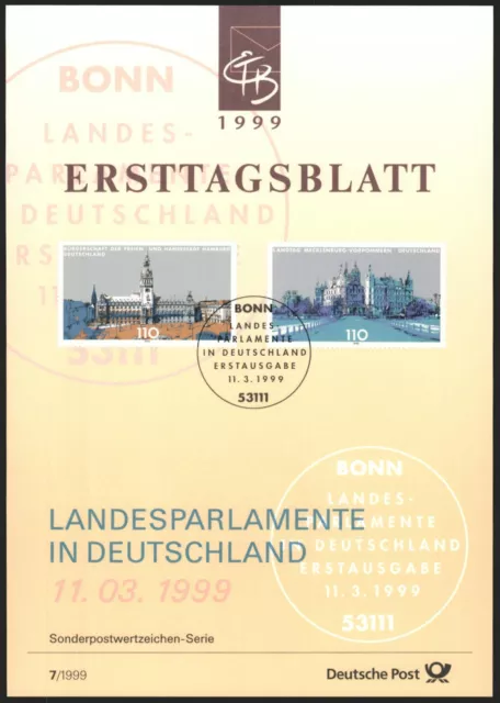 Ersttagsblatt ETB 7/1999 - "Landesparlamente - Hamburger Rathaus/Schwerin"