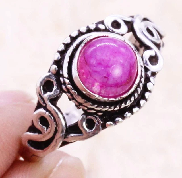 Color Enhanced Pink Moonstone 925 Silver Plated Handmade Ring of US Size 6.75
