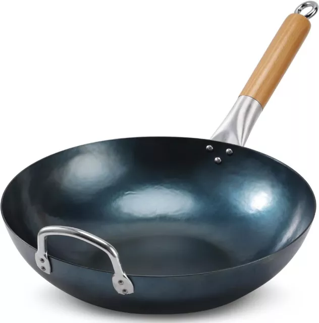 Flat Bottom Wok Pan 13.5"/34cm Pre-Seasoned Carbon Steel Wok