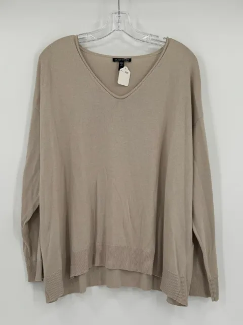 Eileen Fisher Womens Tan Cotton Blend V Neck Long Sleeve Pullover Sweater Sz L